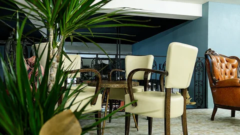 Angolo lounge del Kairos con sedie bianche e piante